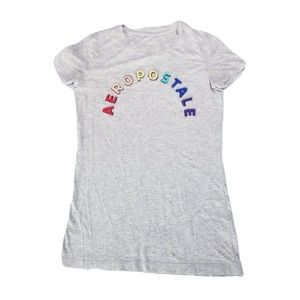 Aeropostale Rainbow Arch Appliqué Graphic Tee Shirt Women Size XS Gray